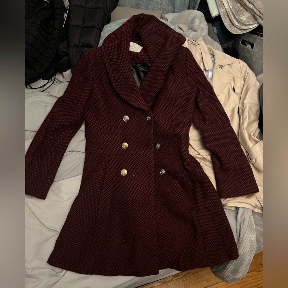 Jessica Simpson Tweed Wool Blend Double Breasted Trench Coat Size M